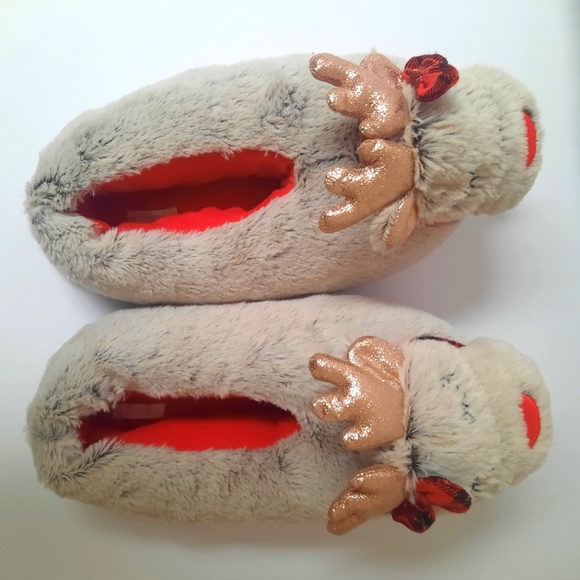 Christmas Fuzzy RUDOLPH REINDEER Slippers Sparkly Antlers And Ears Size 9-10 - Picture 7 of 10